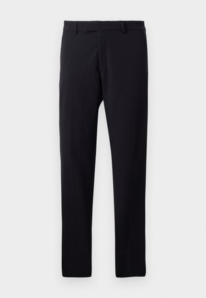 Pantaloni negri dintr-un material fin, cu un design drept, talie plată și bucle pentru curea. Fără modele sau accente vizibile.
