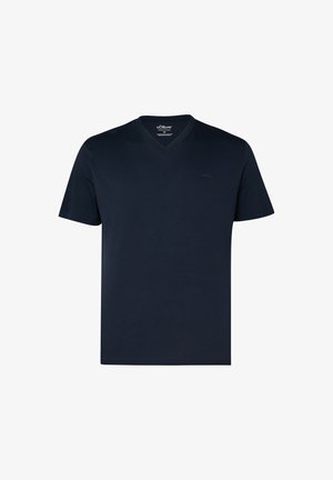 Granatowy męski T-shirt z krótkim rękawem i dekoltem w serek, z małym logo s.Oliver na piersi.