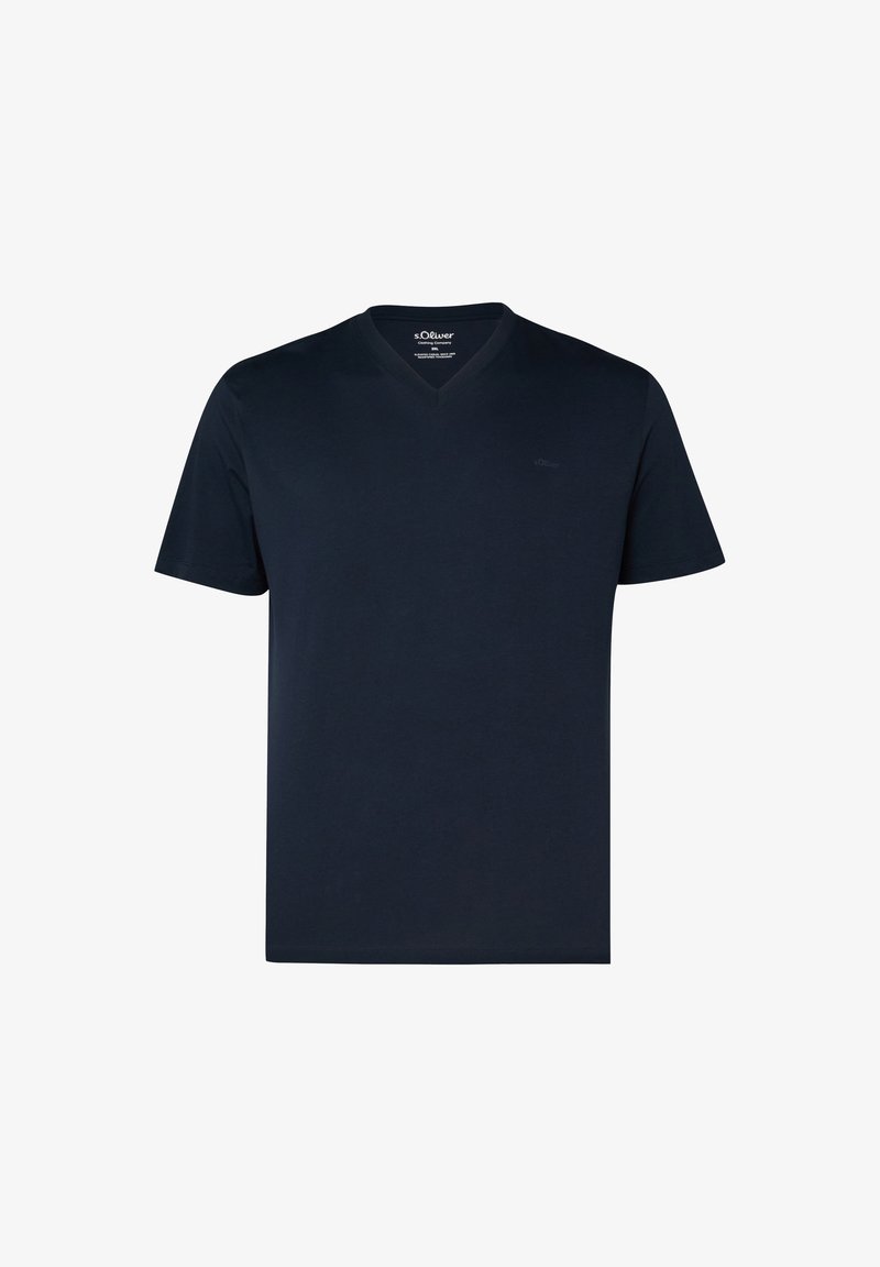 Marineblaues Herren-V-Ausschnitt-T-Shirt mit kurzen Ärmeln und kleinem s.Oliver-Logo auf der Brust.