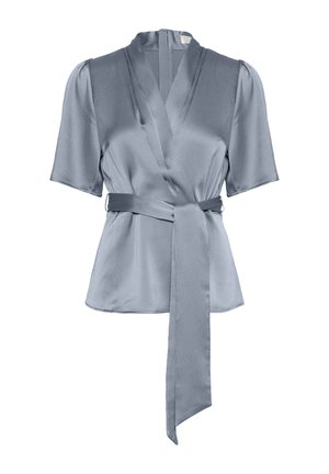 Light blue satin wrap blouse with short sleeves, featuring a deep V-neckline and a tied waist belt for adjustable fit. Smooth, shiny texture.