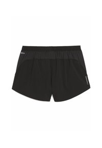 Black athletic shorts with an elastic waistband, featuring side pockets and a contrasting dark gray panel on the sides. Moisture-wicking fabric.