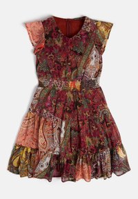 Sukienka z krótkim rękawem i dekoltem w kształcie litery V, ozdobiona wzorem patchworkowym w odcieniach czerwieni i ziemi, z marszczonym talią i falbaniastym dołem.