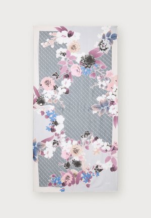 Sciarpa con motivo floreale che presenta uno sfondo grigio con fiori rosa, blu e neri. Tessuto leggero con bordi frangiati.