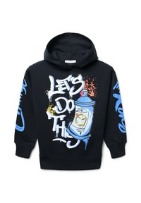 Felpa nera con cappuccio caratterizzata da una stampa in stile graffiti colorata, con il testo "LET'S DO THIS" e un'illustrazione di una bomboletta spray sul davanti.