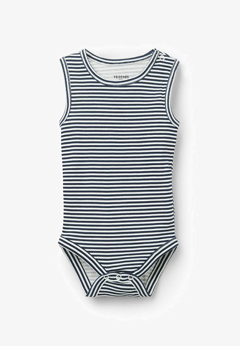 Pruhovaný bezramenný bodysuit v námořnické modré a bílé bavlně, s kulatým výstřihem a knoflíky na dně pro snadné zapínání.
