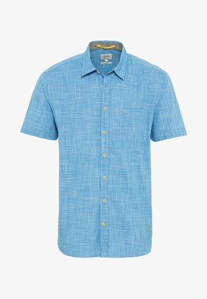 Camicia a maniche corte, blu chiaro, con bottoni, caratterizzata da un motivo testurizzato, taschino sul petto e accento giallo al collo. Realizzata in tessuto traspirante.