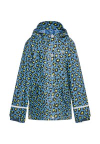 Giacca impermeabile blu con stampa leopardo in nero e verde lime, dotata di cappuccio, tasche e chiusure a scatto.