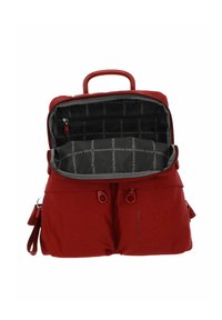 Zaino di tessuto rosso con un scomparto principale con zip, foderato in grigio, tasca interna con zip e due tasche frontali con chiusura a cordino.