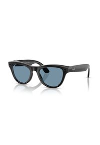 Schwarze Kunststoff-Sonnenbrille mit blauen Gläsern, im klassischen Design und mit auffälligem Ray-Ban-Logo. Verfügt über zwei seitliche Kameras.