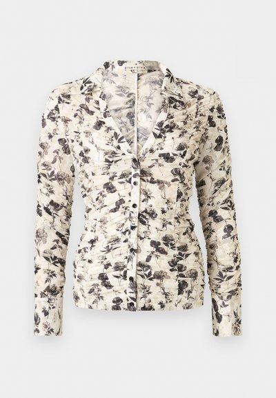 Μπλούζα μακρυμάνικη με κουμπιά, ρυθμιζόμενη με ρίγες, σε μαύρο και γκρι floral σχέδιο σε λευκό φόντο, με γιακά και εφαρμοστή γραμμή.