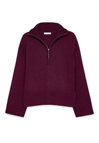 Burgundowa dzianinowa sweter z kołnierzem na pół-zamek, prążkowanymi mankietami i dolnym wykończeniem; luźny krój z fakturowanym wykończeniem.