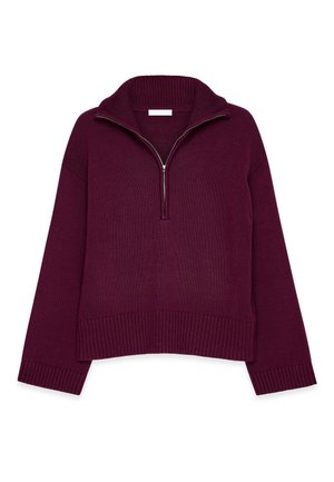 Burgunderfarbener Strickpullover mit halbseitigem Reißverschlusskragen, gerippten Bündchen und Saum; lockere Passform mit strukturierter Oberfläche.