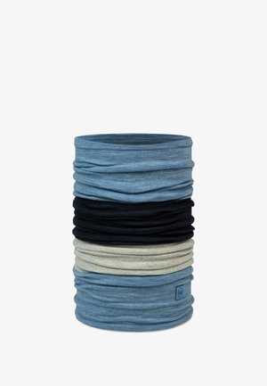 Mehrfarbiger, röhrenförmiger Halswärmer aus dehnbarem Stoff. Verfügt über verschiedene Blautöne, Marineblau und Grau mit einem strukturierten, geschichteten Design.