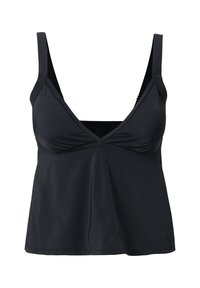 Top nero senza maniche realizzato in tessuto morbido, caratterizzato da un profondo scollo a V, spalline larghe e una silhouette svasata con dettagli di cucitura discreti.