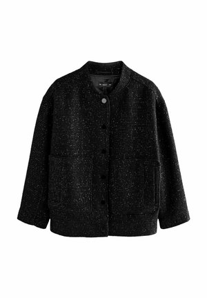 Schwarze, strukturierte Jacke mit Rundhalsausschnitt, durchgehender Knopfleiste und zwei großen aufgesetzten Taschen auf der Vorderseite. Weiche Stoffoberfläche.