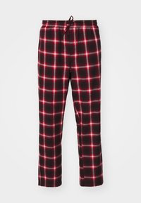 Svarta och röda rutiga pyjamasbyxor gjorda av mjukt tyg, med resårmidja och snörning samt raka ben.