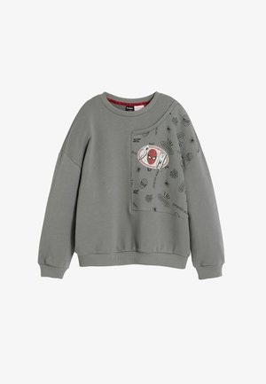 Grijze katoenen sweatshirt met lange mouwen. Bevat een patchzak met Spider-Man ontwerp en verspreide spinnenwebprints. Ribgebreide manchetten en zoom.