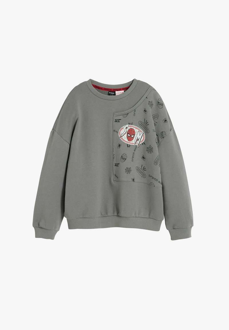 Felpa grigia in cotone con maniche lunghe. Presenta una tasca applicata con il design di Spider-Man e stampe di ragnatela sparse. Polsini e orlo a coste.