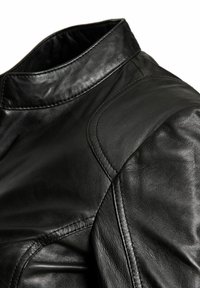 Black leather jacket with a high collar, featuring intricate stitching patterns and a smooth texture, highlighting a structured design.