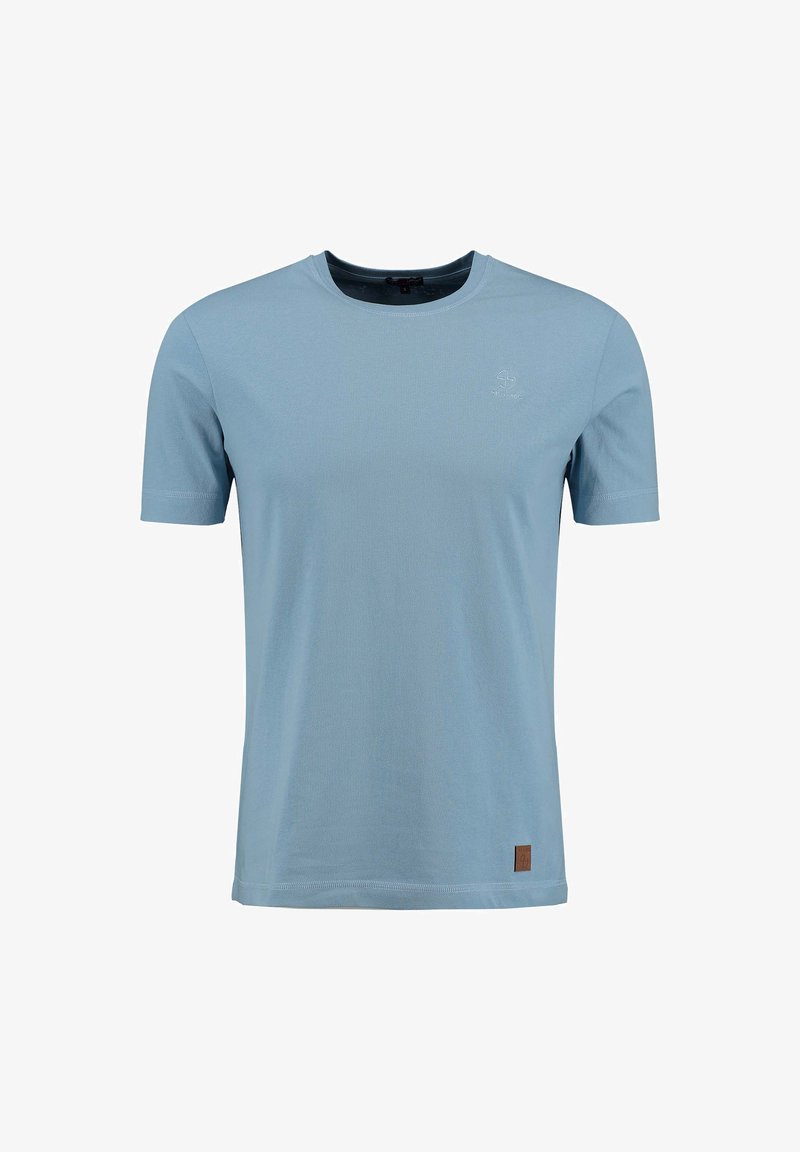 Hellblaues Baumwoll-T-Shirt mit Rundhalsausschnitt, kurzen Ärmeln und einem kleinen Logo-Detail auf der Brust; hat einen braunen Ledereinsatz am Saum.
