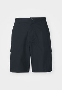 Men's cargo shorts in dark navy. Made of lightweight fabric with a textured finish. Features cargo pockets and a button closure.
