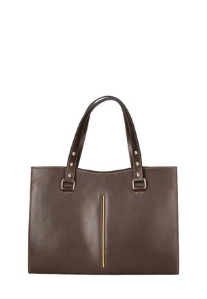 Sac fourre-tout en cuir marron au design structuré, doté de deux poignées avec des accents métalliques et d'un détail zippé à l'avant. Texture lisse.