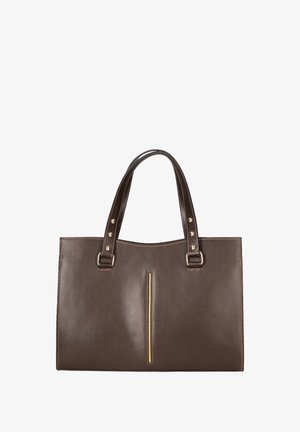 Sac fourre-tout en cuir marron au design structuré, doté de deux poignées avec des accents métalliques et d'un détail zippé à l'avant. Texture lisse.