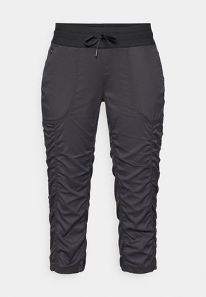 Black cropped pants with a textured finish, featuring an elastic waistband, drawstring, and ruched detailing on the sides.