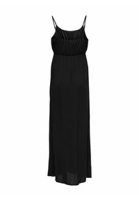 Schwarzes Maxikleid mit dünnen Spaghetti-Trägern, gerafftem Oberteil und fließendem Rock. Hergestellt aus leichtem Stoff mit glatter Textur.