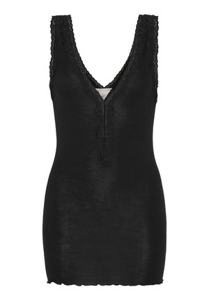 Zwart mouwloos topje met een diepe V-hals, kantafwerking langs de randen, een gladde textuur en een licht uitlopende zoom.