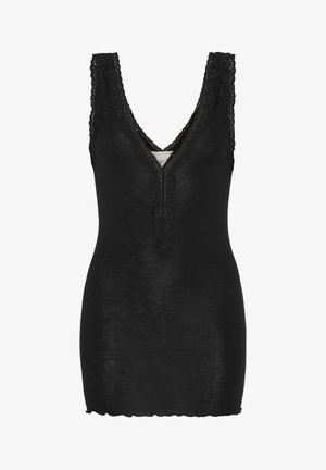 Zwart mouwloos topje met een diepe V-hals, kantafwerking langs de randen, een gladde textuur en een licht uitlopende zoom.
