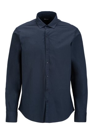 Navyblaues Herrenhemd, langärmlig, mit Knopfkragen, aus einem glatten Stoff. Verfügt über ein dezentes Logo auf der Brust und einen abgerundeten Saum.