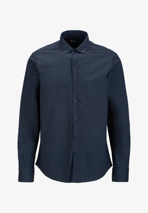 Navyblaues Herrenhemd, langärmlig, mit Knopfkragen, aus einem glatten Stoff. Verfügt über ein dezentes Logo auf der Brust und einen abgerundeten Saum.