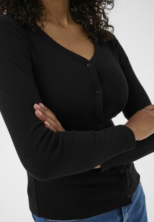 Black cardigan with a V-neck, long sleeves, and button closure, made from a knit material featuring a subtle texture.