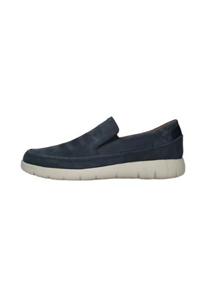 Scarpe slip-on di colore navy realizzate in pelle con tomaia testurizzata, pannello laterale elastico e suola di colore chiaro dotata di grip ammortizzato.