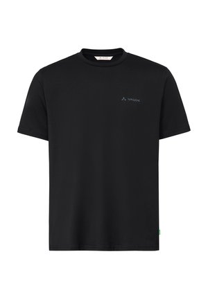 T-shirt noir à manches courtes avec col rond, petit logo Vaude gris sur le côté gauche de la poitrine et une étiquette verte sur la couture latérale gauche.
