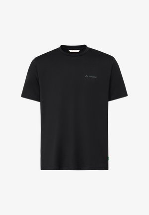 T-shirt noir à manches courtes avec col rond, petit logo Vaude gris sur le côté gauche de la poitrine et une étiquette verte sur la couture latérale gauche.