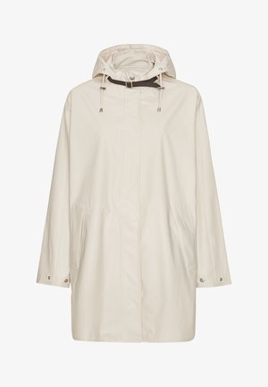 Impermeable con capucha color beige crema, con bolsillos delanteros, cordones ajustables en la capucha, cierre frontal de broches a presión y broches a presión en las muñecas.