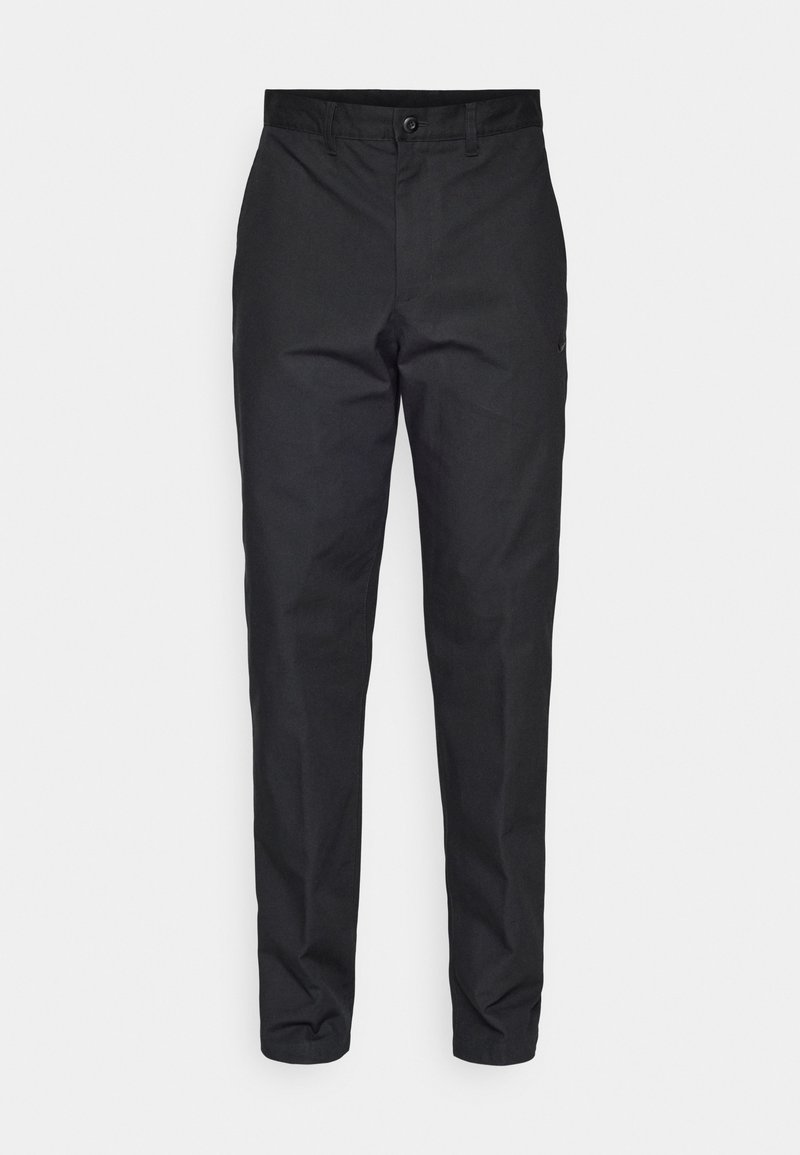 Pantalons noirs en tissu lisse, avec une coupe droite, fermeture par bouton et poches standard. Pas de motifs ni d'accents visibles.