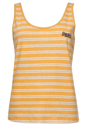 Żółta i biała poziomo paskowana bezrękawnikowa koszulka z dekoltem w serek i małym czarnym logo na lewej piersi.