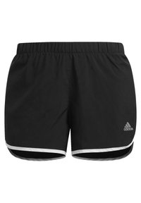 Pantalones cortos atléticos negros con cintura elástica, con un ribete blanco a lo largo del dobladillo. Logo de Adidas situado en la parte inferior derecha.