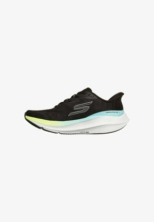Chaussure de course Skechers Aero Pulse SI noire avec semelle blanche, accents vert clair et logo argenté sur le côté, vue de l'extérieur.