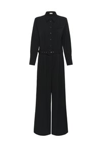 Fekete, hosszú ujjú kezeslábas, gallérral, elülső gombzárral, oldalsó zsebekkel, övvel ellátott derékkal és széles szárú dizájnnal. Simább anyag textúra.