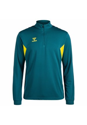 Teal lange mouwen pullover met een halve ritssluiting bij de kraag. Heeft een gele accent aan de zijkant en een logo op de borst. Gemaakt van textiel met een structuur.