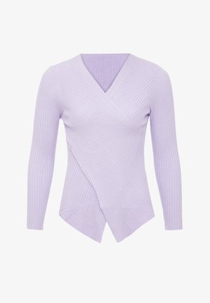 Lavendelfarbenes, geripptes Wickeloberteil mit langen Ärmeln, ausgestattet mit einem tiefen V-Ausschnitt und einem asymmetrischen Saum für eine figurbetonte Silhouette.