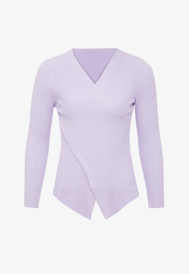 Lavendelfarbenes, geripptes Wickeloberteil mit langen Ärmeln, ausgestattet mit einem tiefen V-Ausschnitt und einem asymmetrischen Saum für eine figurbetonte Silhouette.