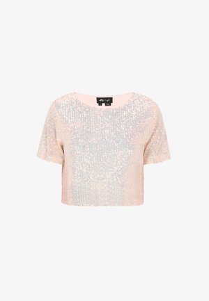 Krótki top z krótkim rękawem w jasnoróżowym kolorze, pokryty iryzującymi cekinami, z okrągłym dekoltem i gładką podszewką.