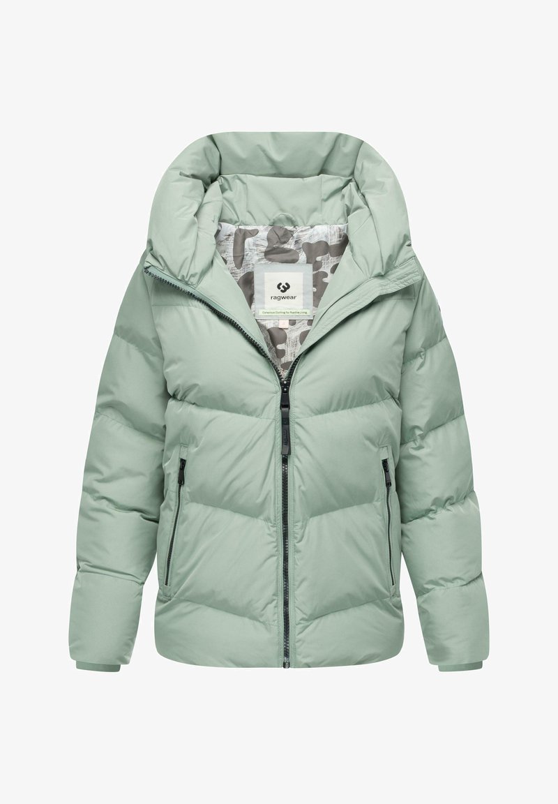 Mintgrønn pufferjakke med hette, med glidelås foran, to sidelommer og mønstret fôr. Myk, quiltet tekstur.