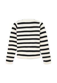 Striped sweater featuring black and white horizontal stripes, long sleeves, round neck, and a textured knit pattern.