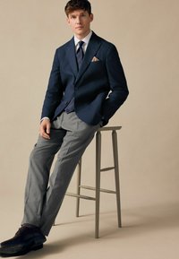 Dunkelblazer über einem hellgestreiften Hemd, kombiniert mit grauen Hose. Braune Schuhe und ein Einstecktuch vervollständigen das formelle Outfit.
